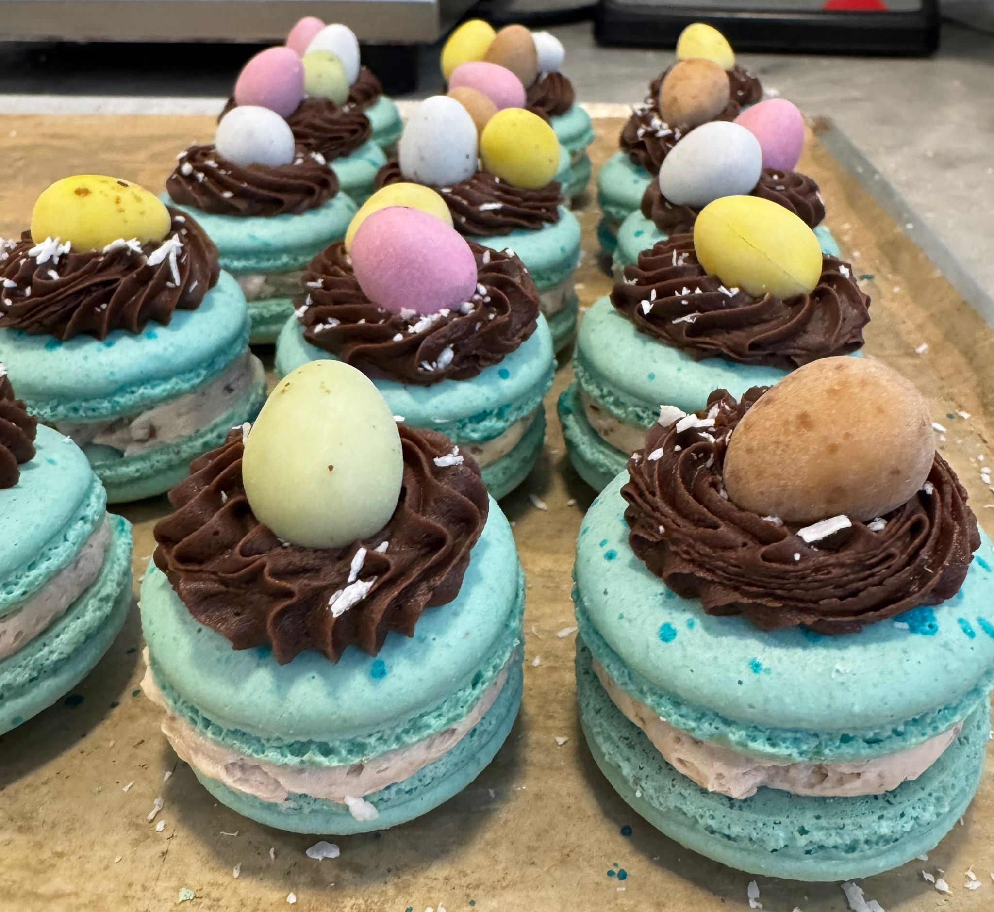 Easter nest macarons with chocolate ganache and mini eggs